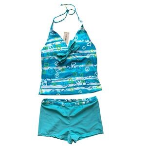 NWT TEFIEL Girls Tankini Swimsuit Set Size 14 Peace Heart Print Blue‎ Green